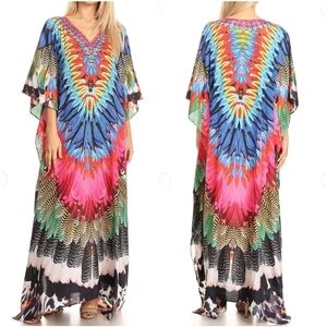 SAKKAS Art To Wear Kimono Anahi Caftan Beaded Neckline Maxi Dress Beach Cover